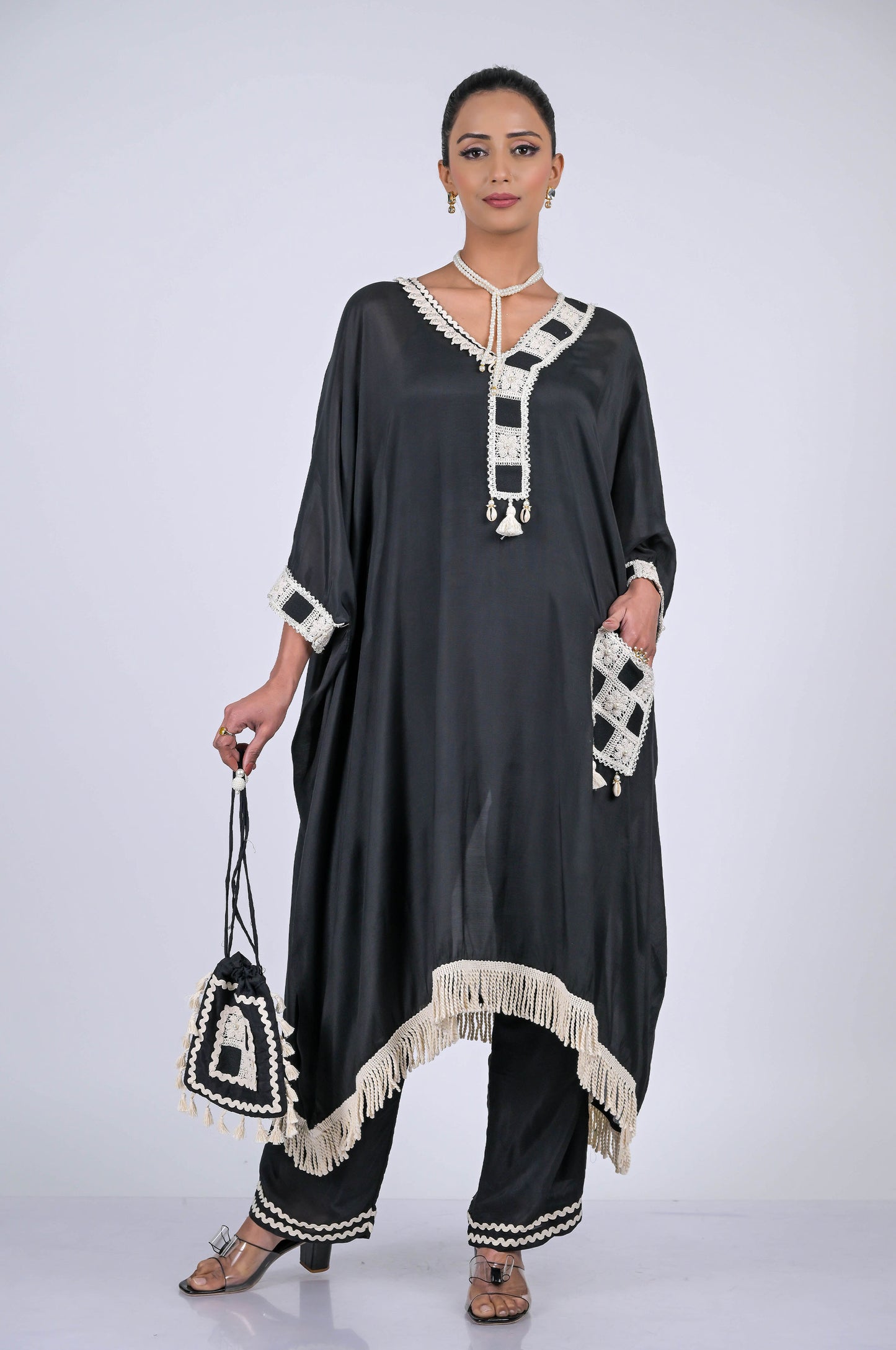 Chic Black Tunic Dress with Delicate Lace Details : Modern Sophistication - #ISH-49-01