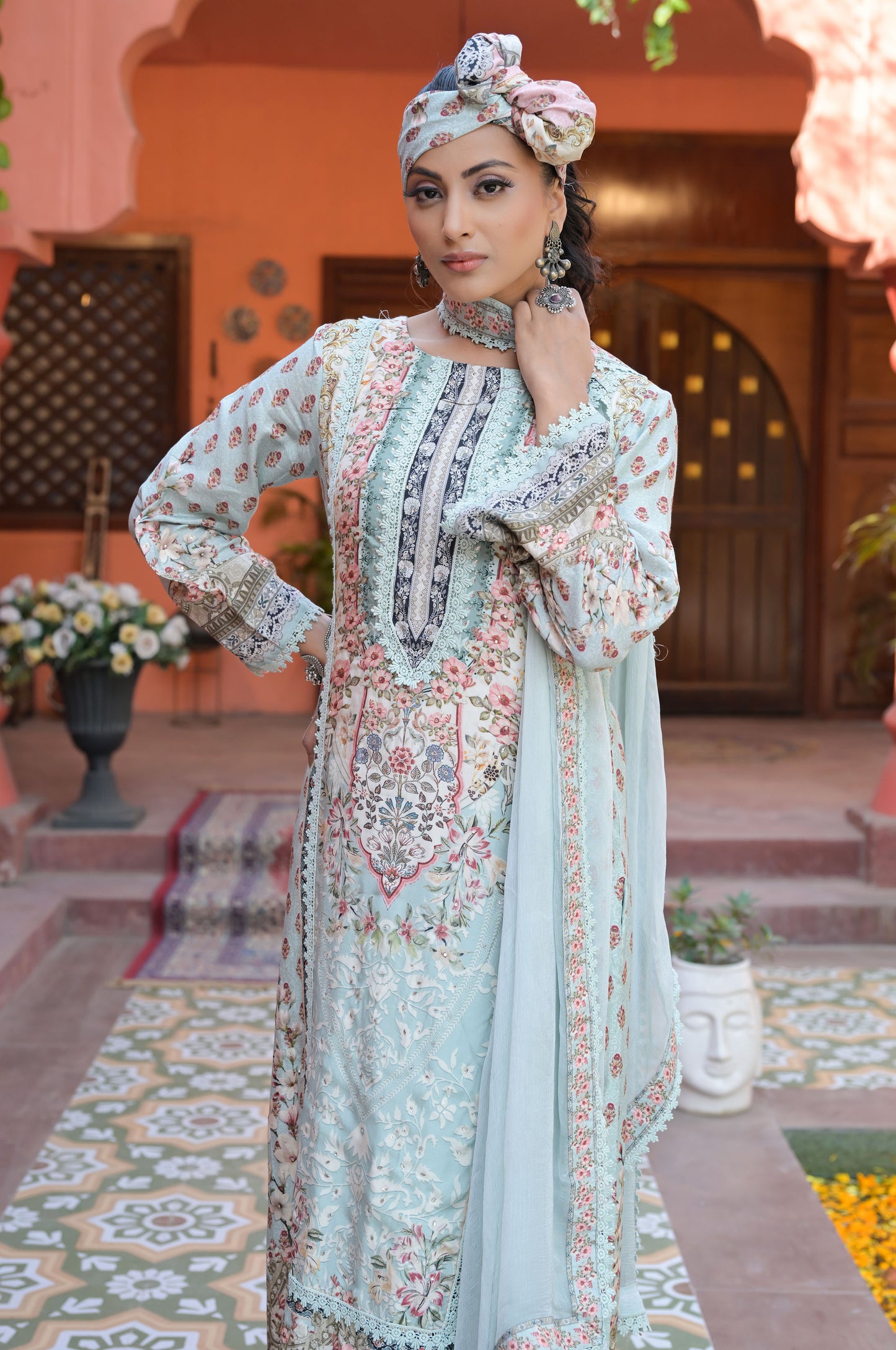 Elegant Floral Sky Blue Suit Set, Cotton Muslin - Summer Collection  #ISH-04-01