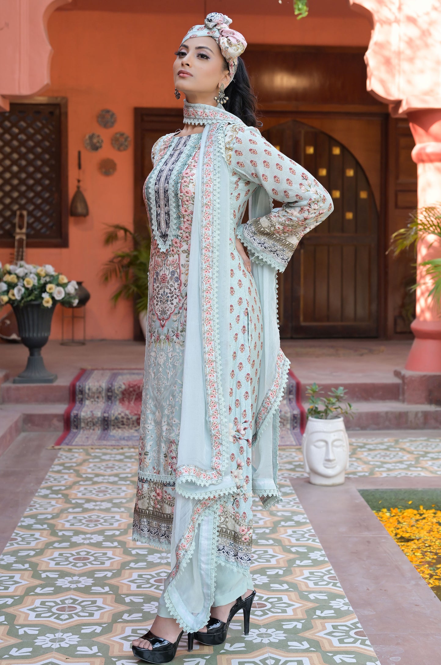 Elegant Floral Sky Blue Suit Set, Cotton Muslin - Summer Collection  #ISH-04-01