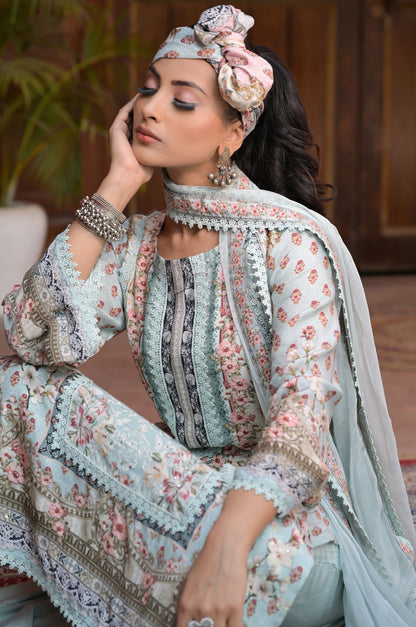 Elegant Floral Sky Blue Suit Set, Cotton Muslin - Summer Collection  #ISH-04-01