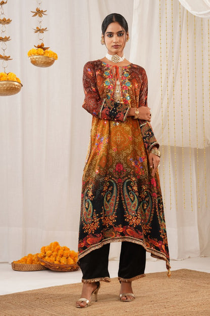 Multicolor Orange Hues Choga Suit Set - Riwayat