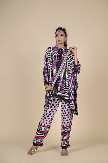 Geometrical Printed Kaftan in Frost White , Cotton Muslin - Summer Collection #ISH-25-01