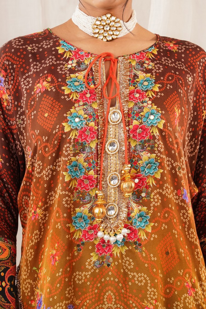 Multicolor Orange Hues Choga Suit Set - Riwayat