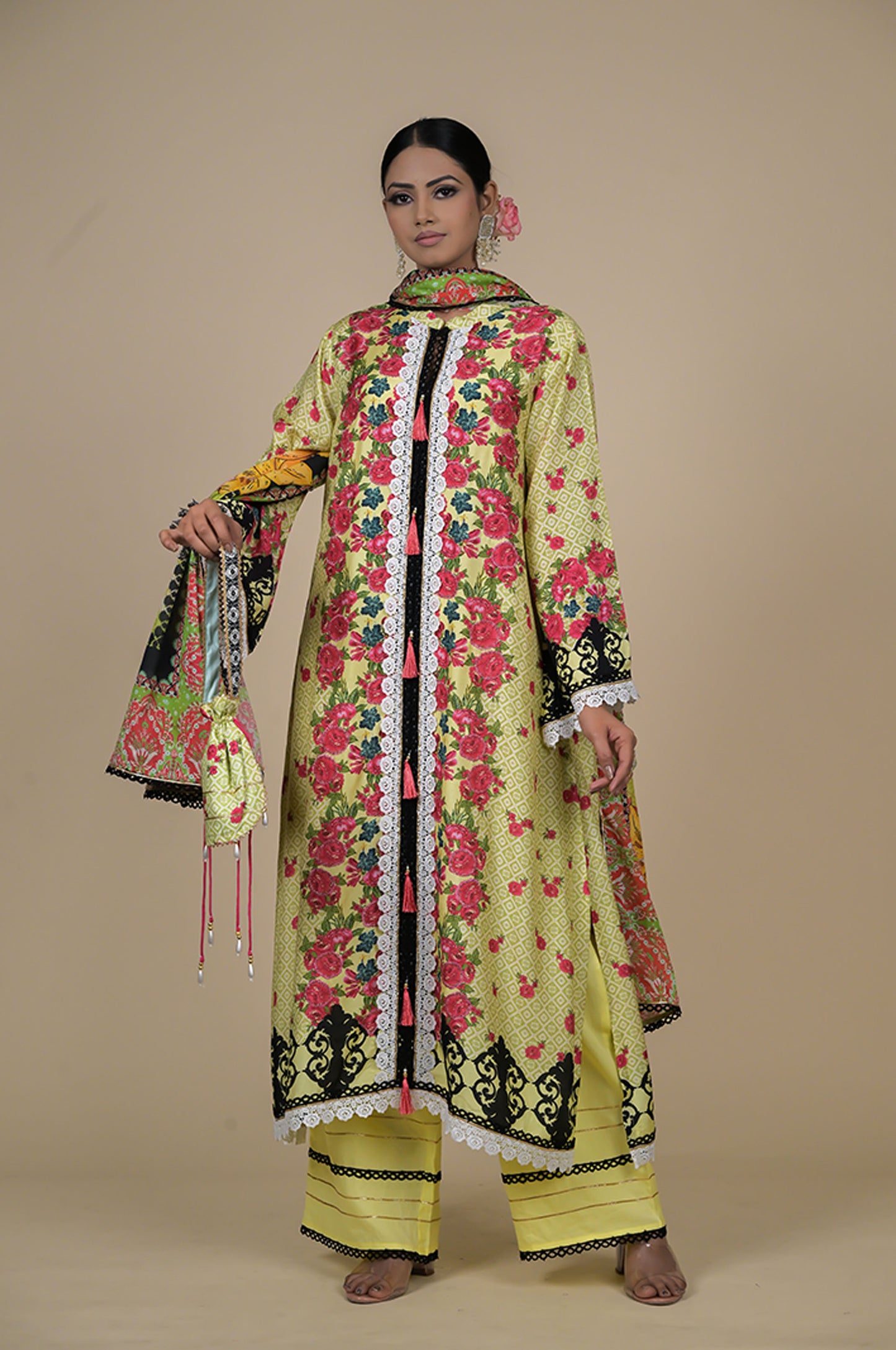 Amazing Lemon Yellow Floral Suit - A Timeless Classic Cotton Muslin - #ISH-36-02