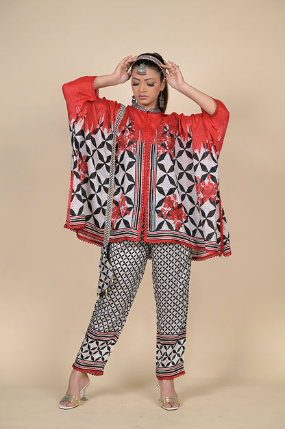 Beautiful Complex Printed Red & Black Kaftan, Cotton Muslin - Summer Collection #ISH-24-02