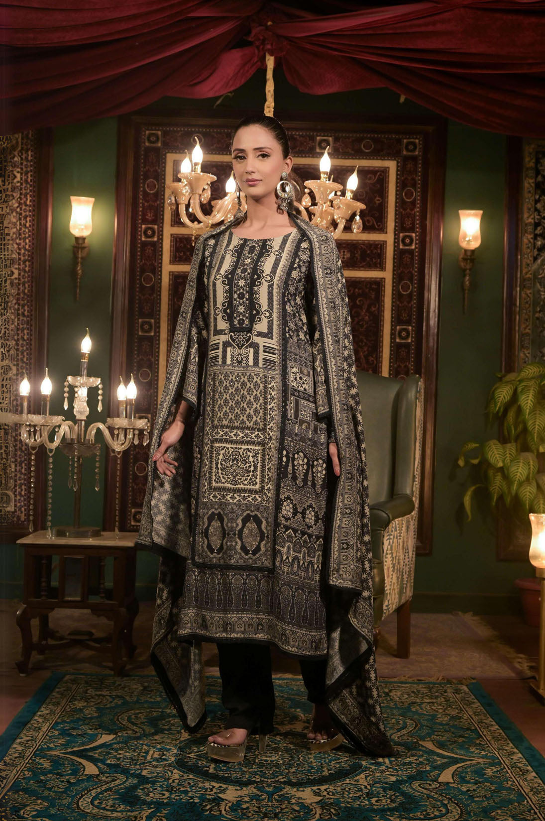 Black Print Straight Suit Set, Cotton Muslin - Summer Collection #ISH1424