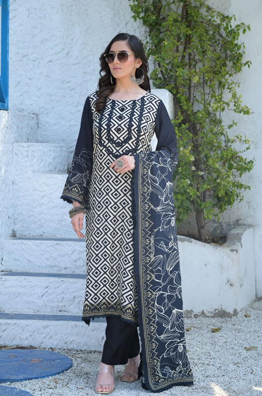 Elegant Wine and White Geometric Patterned Suit with Floral Dupatta Cotton Muslin #ISH-09-01