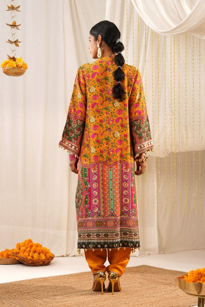 Multicolor Printed Orange Crepe Suit Set with Potli – Riwayat