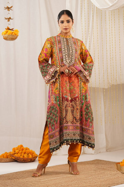 Multicolor Printed Orange Crepe Suit Set with Potli – Riwayat