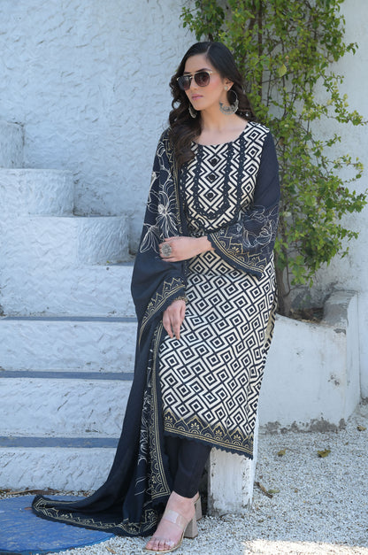 Elegant Wine and White Geometric Patterned Suit with Floral Dupatta Cotton Muslin #ISH-09-01