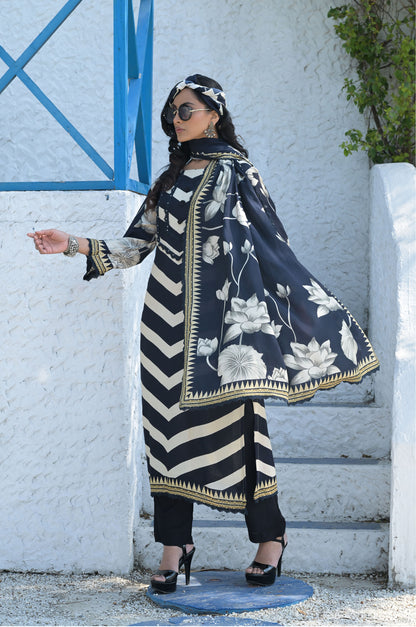 Chevron Ocean Wave Print Suit Set with Floral Dupatta , Cotton Muslin - Summer Collection  #ISH-09-03