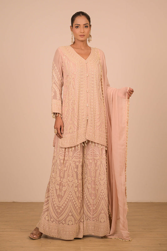 Blush Pink Georgette Sharara Set with Intricate Moti Embroidery
