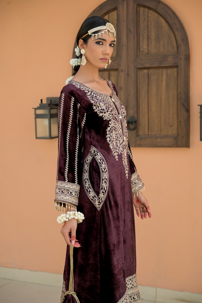 Coffee Brown Velvet Ensemble with Artistic Embroidery – Noor Festive Edition