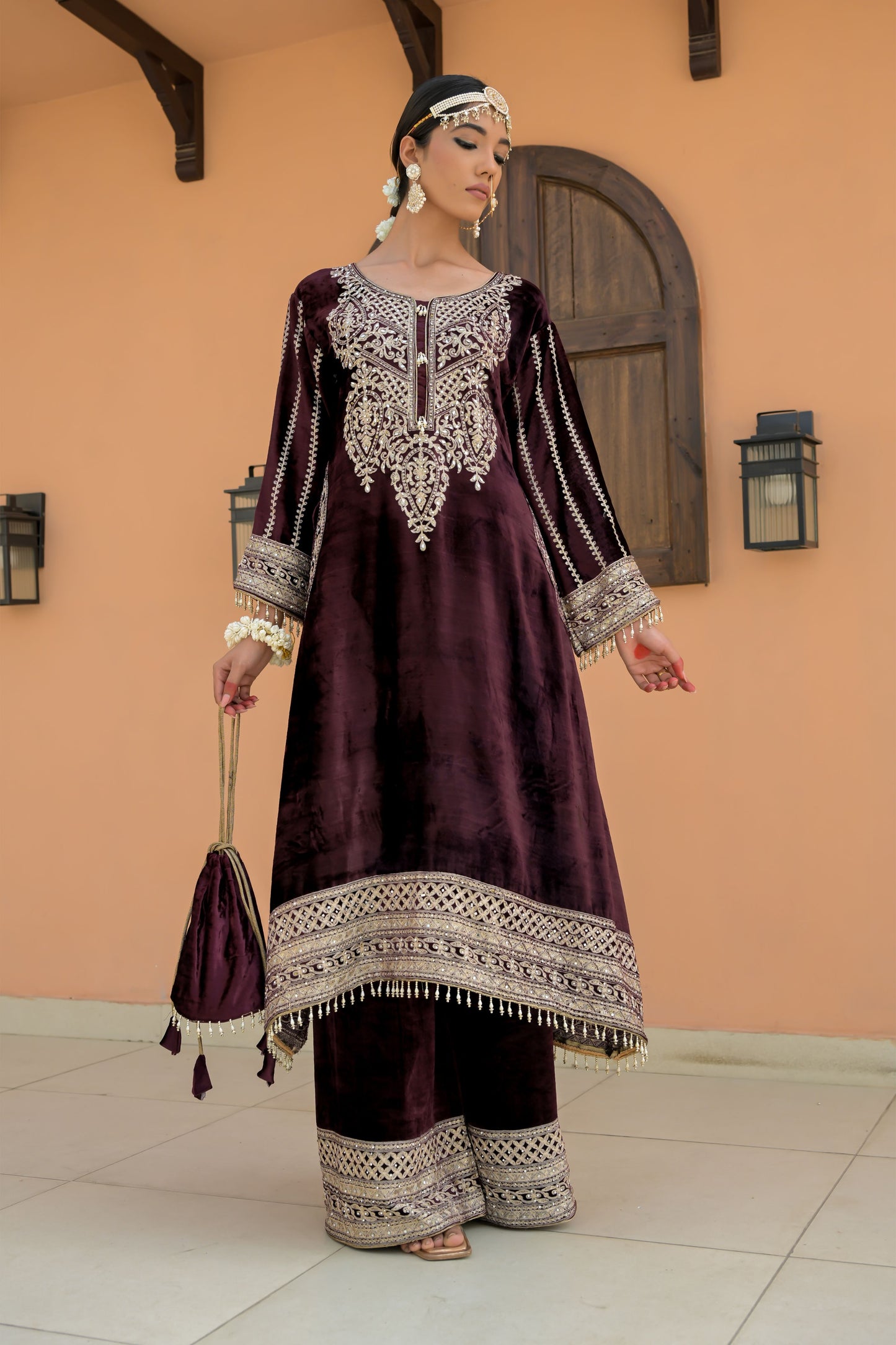 Coffee Brown Velvet Ensemble with Artistic Embroidery – Noor Festive Edition