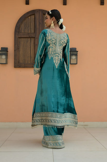 Sea Green Brown Velvet Ensemble Suit – Noor Festive Edition