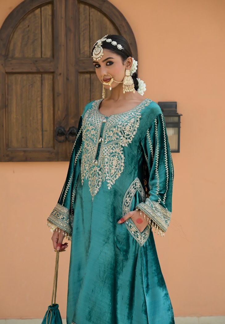 Sea Green Brown Velvet Ensemble Suit – Noor Festive Edition