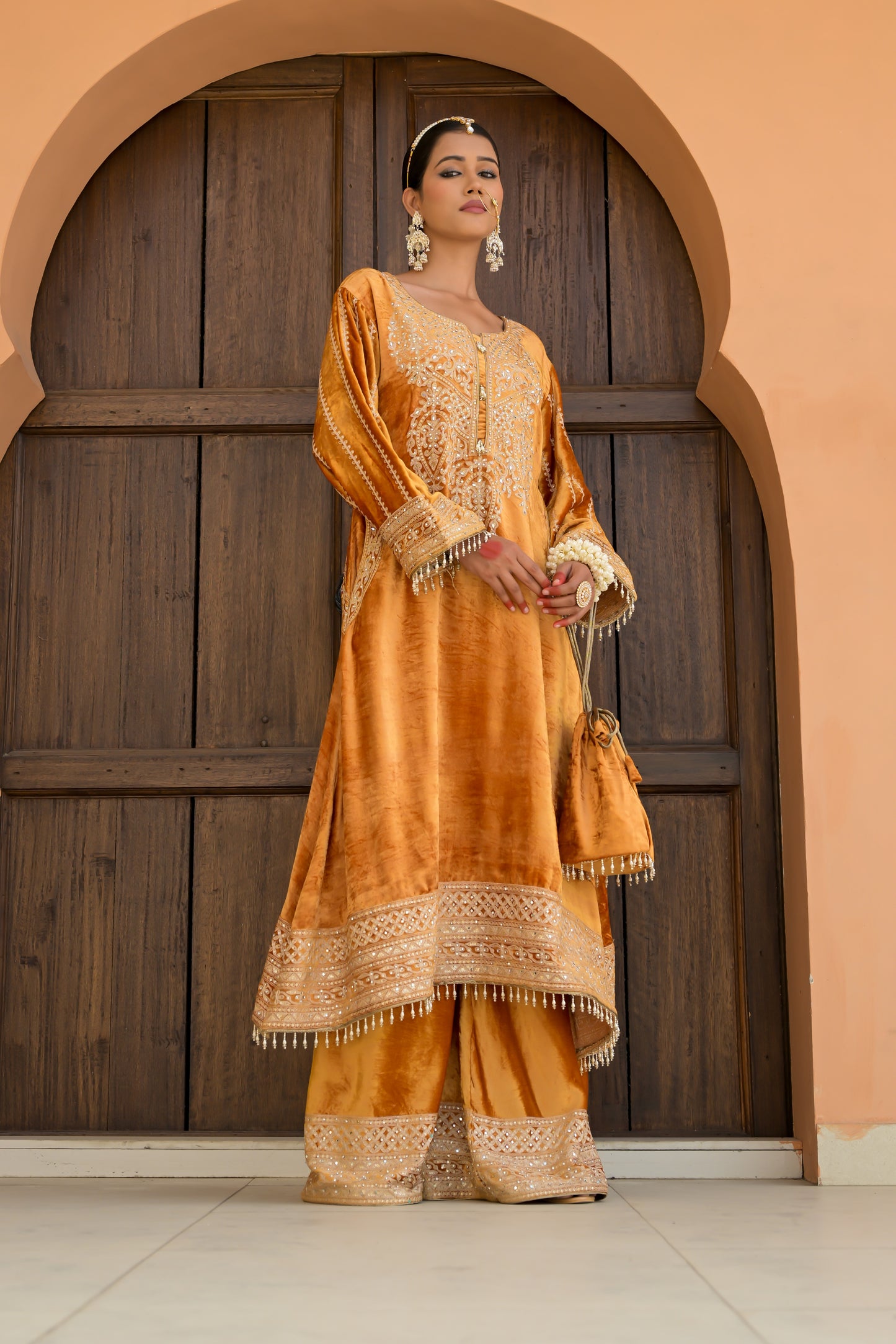 Graceful Pale Orange Velvet Ensemble Suit – Noor Festive Edition