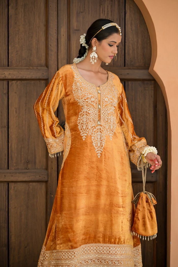 Graceful Pale Orange Velvet Ensemble Suit – Noor Festive Edition