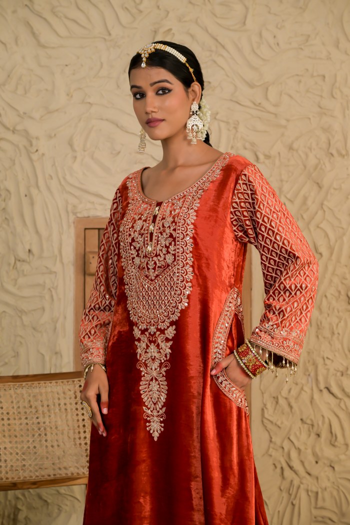 Sophisticated Rust Pink Velvet Suit with Embellished Dupatta – Noor Wedding Edit