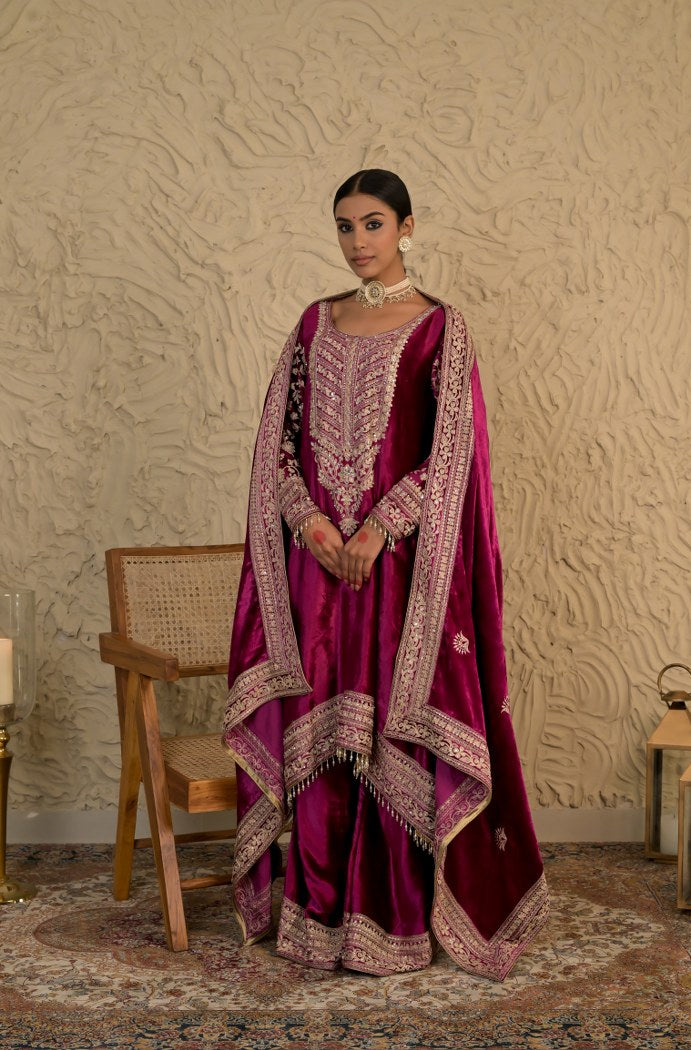 Timeless Wine Red Velvet Suit – Noor Wedding Edit