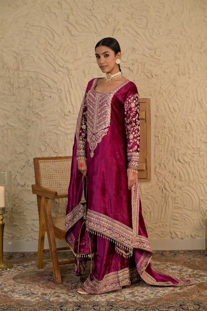 Timeless Wine Red Velvet Suit – Noor Wedding Edit