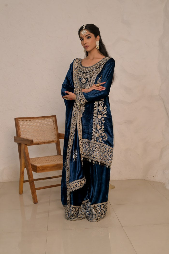 Chic Dark Blue Velvet Suit with Embroidered Dupatta – Noor Wedding Edit