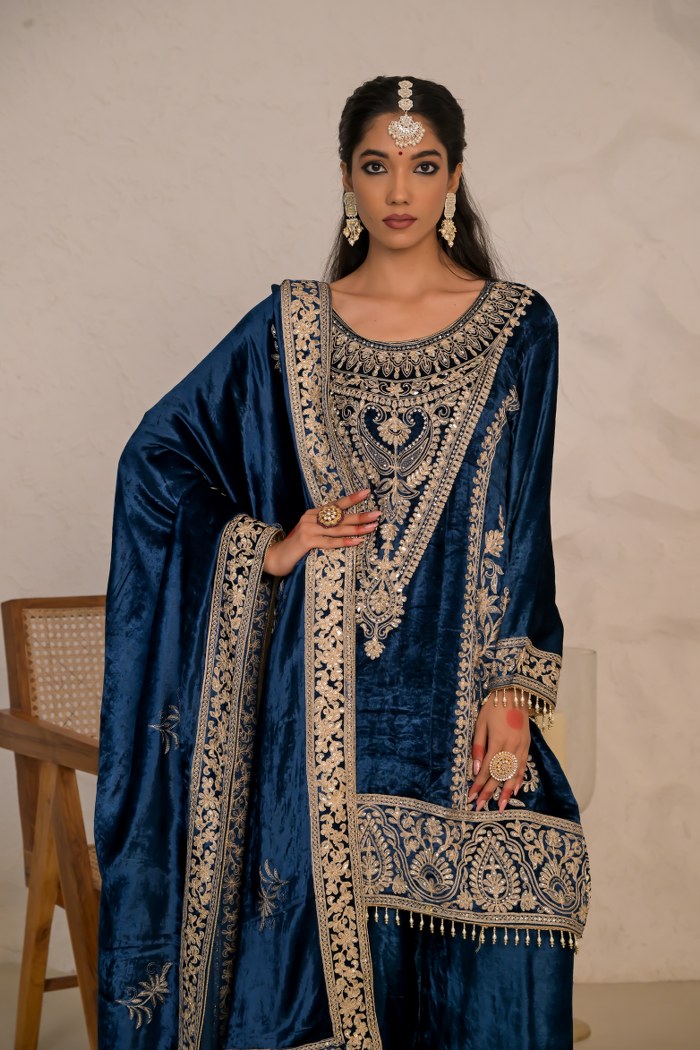 Chic Dark Blue Velvet Suit with Embroidered Dupatta – Noor Wedding Edit