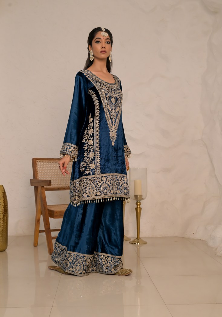 Chic Dark Blue Velvet Suit with Embroidered Dupatta – Noor Wedding Edit