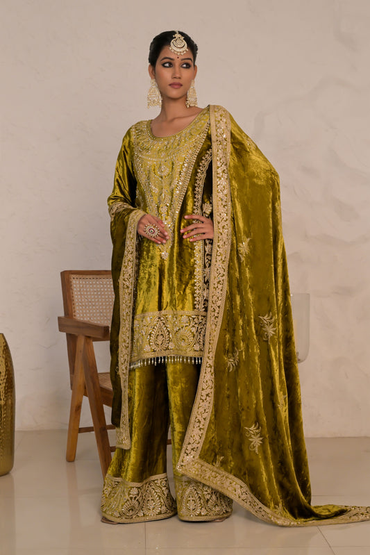 Graceful Olive Green Velvet Suit with Embroidered Dupatta – Noor Edit