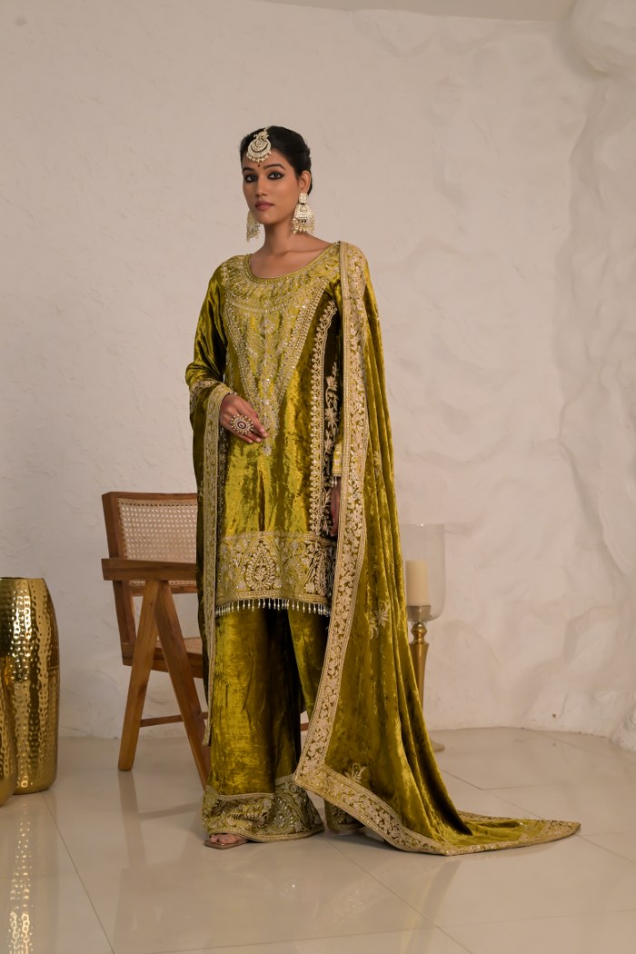 Graceful Olive Green Velvet Suit with Embroidered Dupatta – Noor Edit