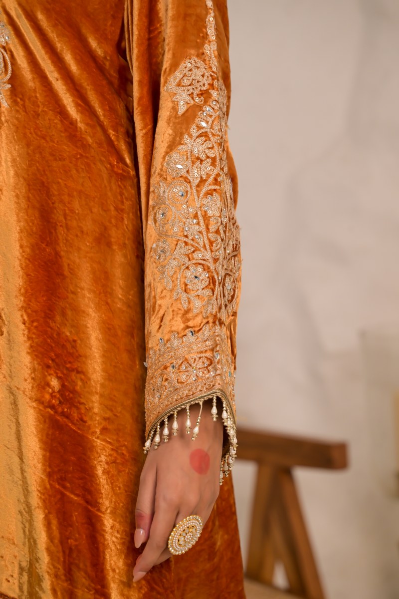 Festive Citrine Pastel Orange Velvet Suit – Noor Celebration Line