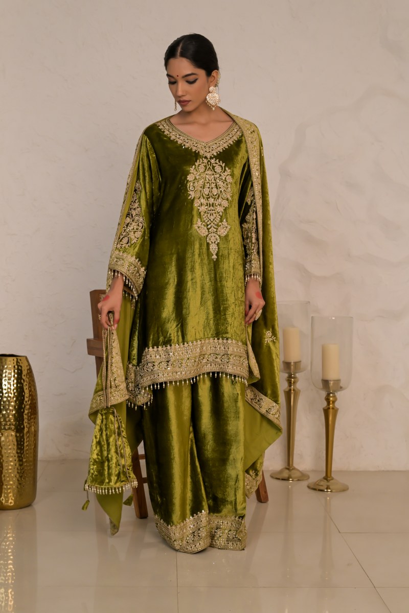 Festive Citrine Olive Green Velvet Suit – Noor Celebration Line