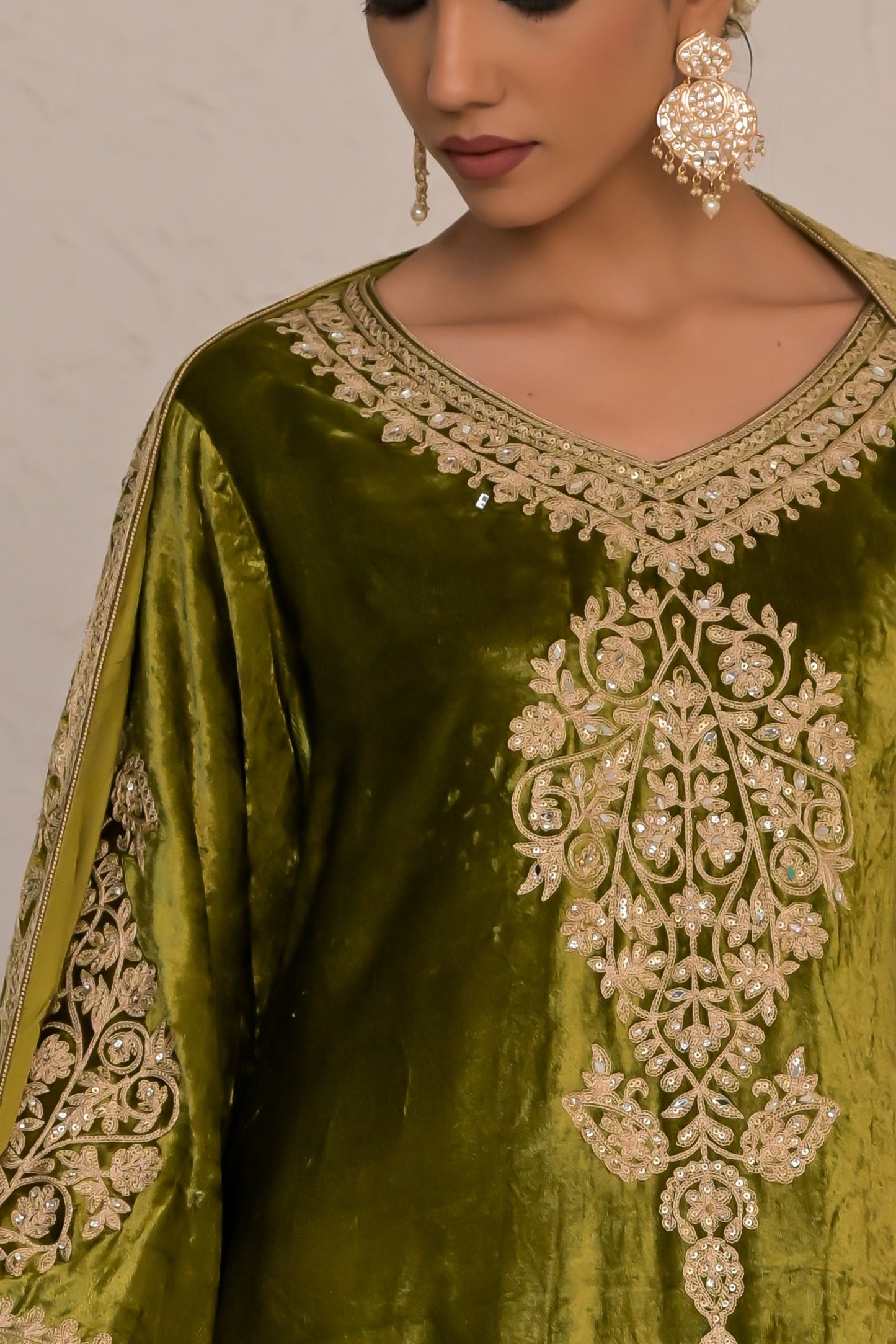 Festive Citrine Olive Green Velvet Suit – Noor Celebration Line