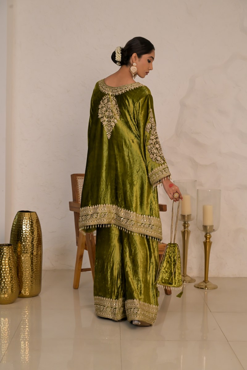 Festive Citrine Olive Green Velvet Suit – Noor Celebration Line