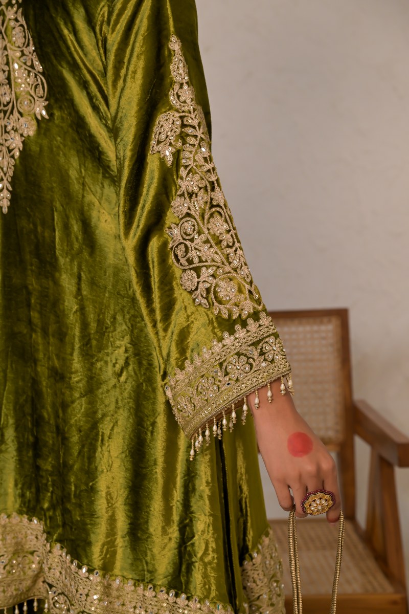 Festive Citrine Olive Green Velvet Suit – Noor Celebration Line