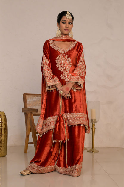 Festive Citrine Rusty Red Velvet Suit  – Noor Celebration Line