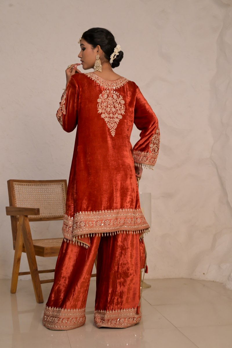 Festive Citrine Rusty Red Velvet Suit  – Noor Celebration Line