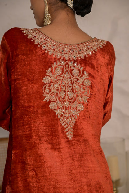 Festive Citrine Rusty Red Velvet Suit  – Noor Celebration Line