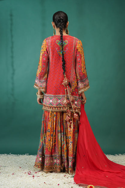 Scarlet Red Festive Ensemble Sharara Suit Set : Sawara Collection