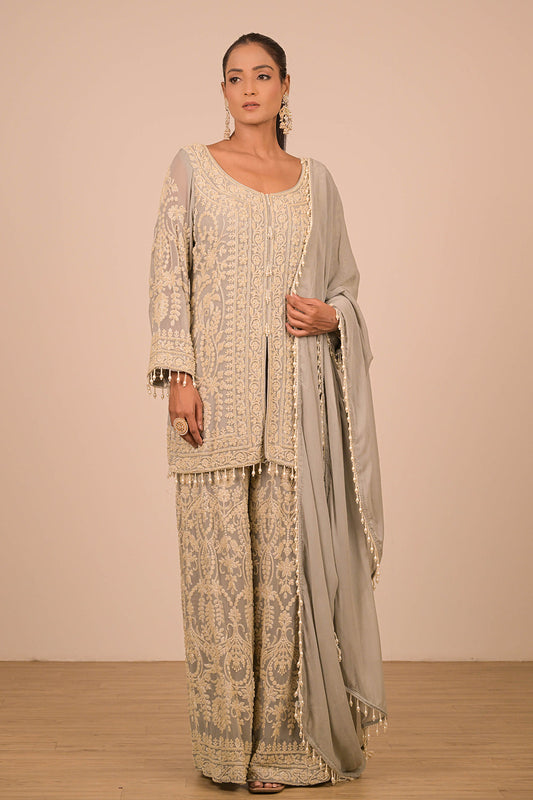 Grey Georgette Sharara Set with Intricate Moti Embroidery