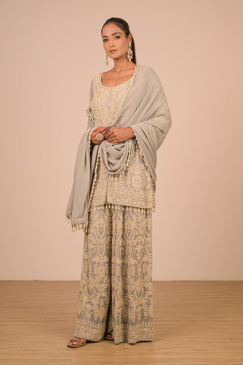 Grey Georgette Sharara Set with Intricate Moti Embroidery