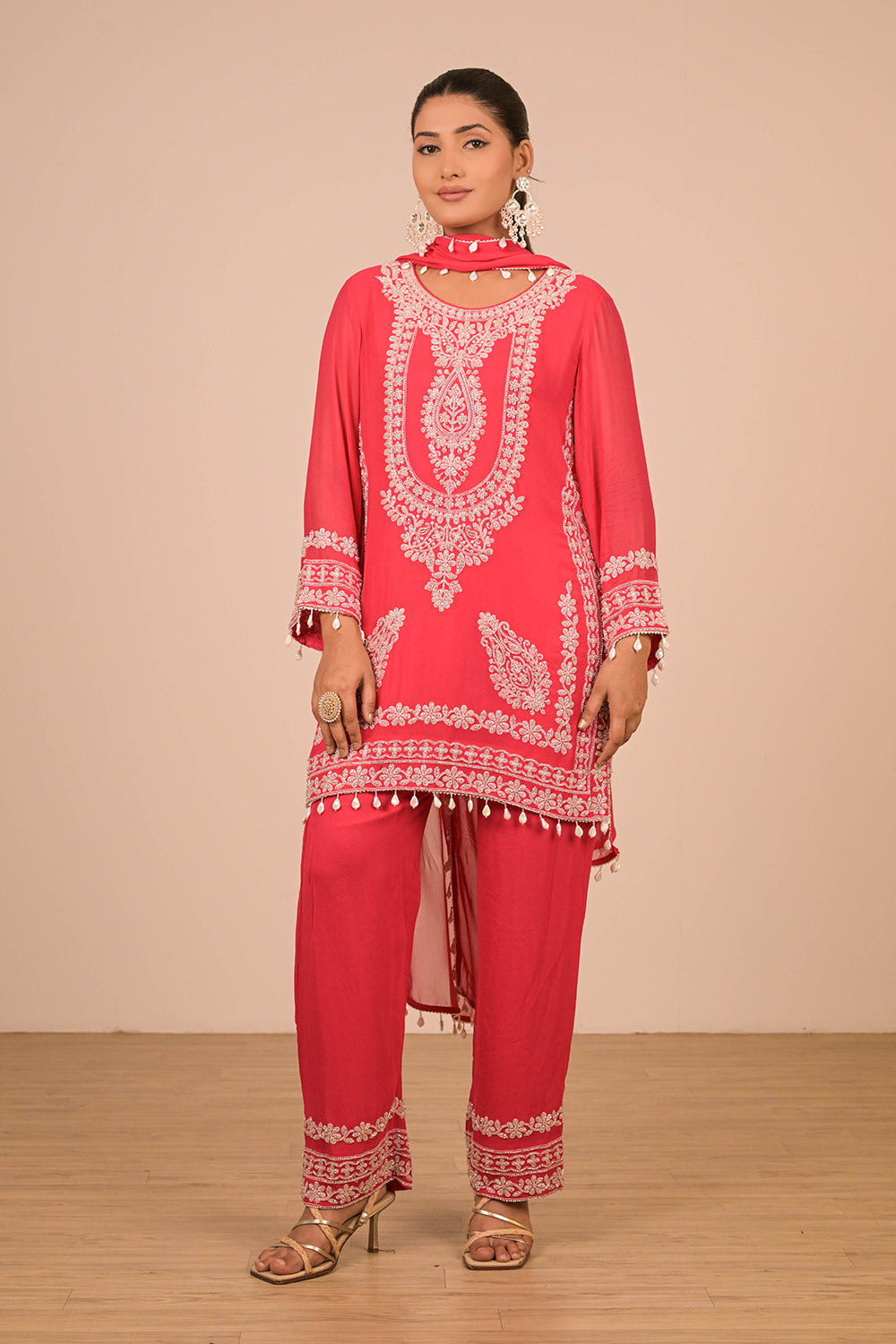 Hot Pink Georgette Suit Set with Intricate Moti Embroidery