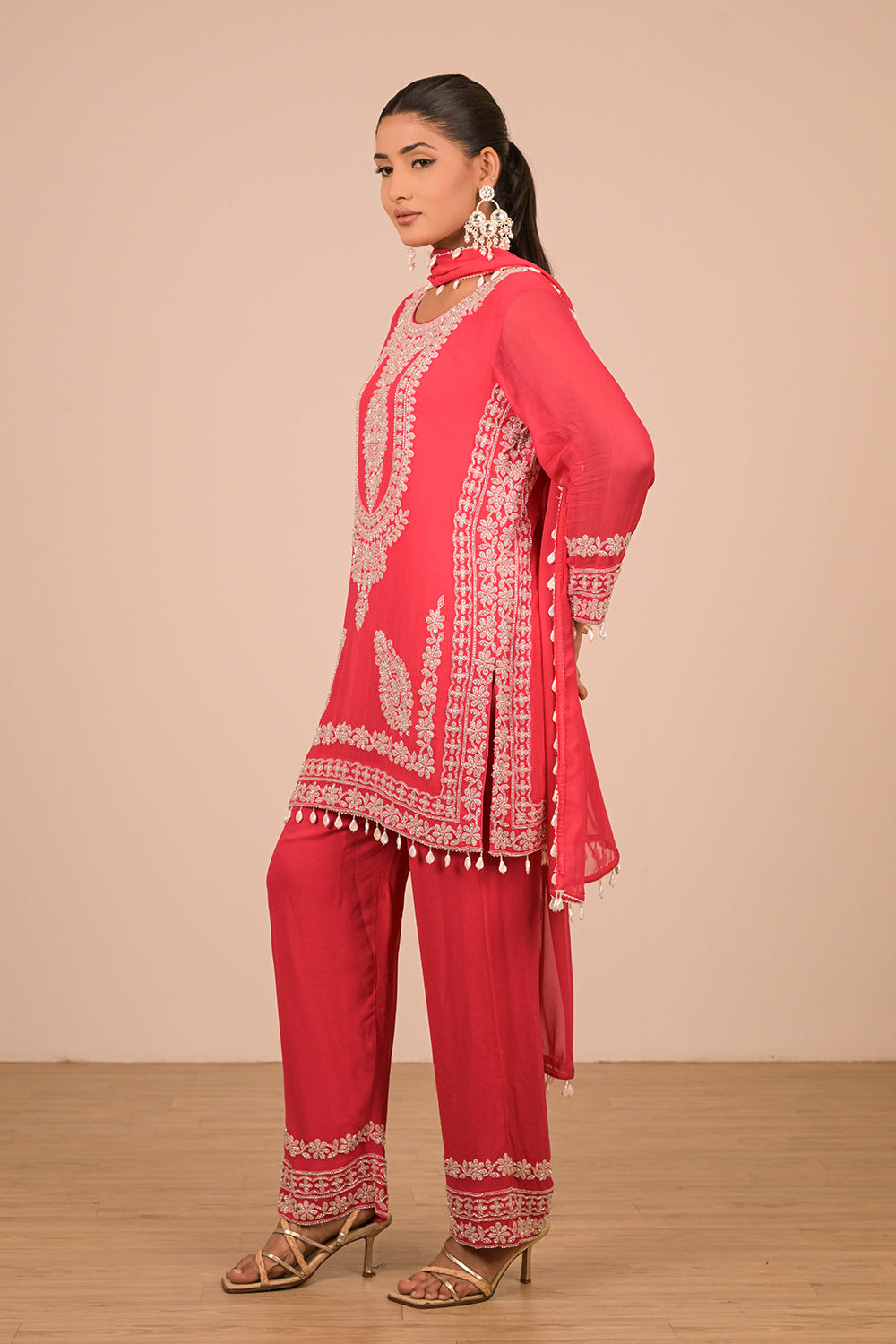 Hot Pink Georgette Suit Set with Intricate Moti Embroidery