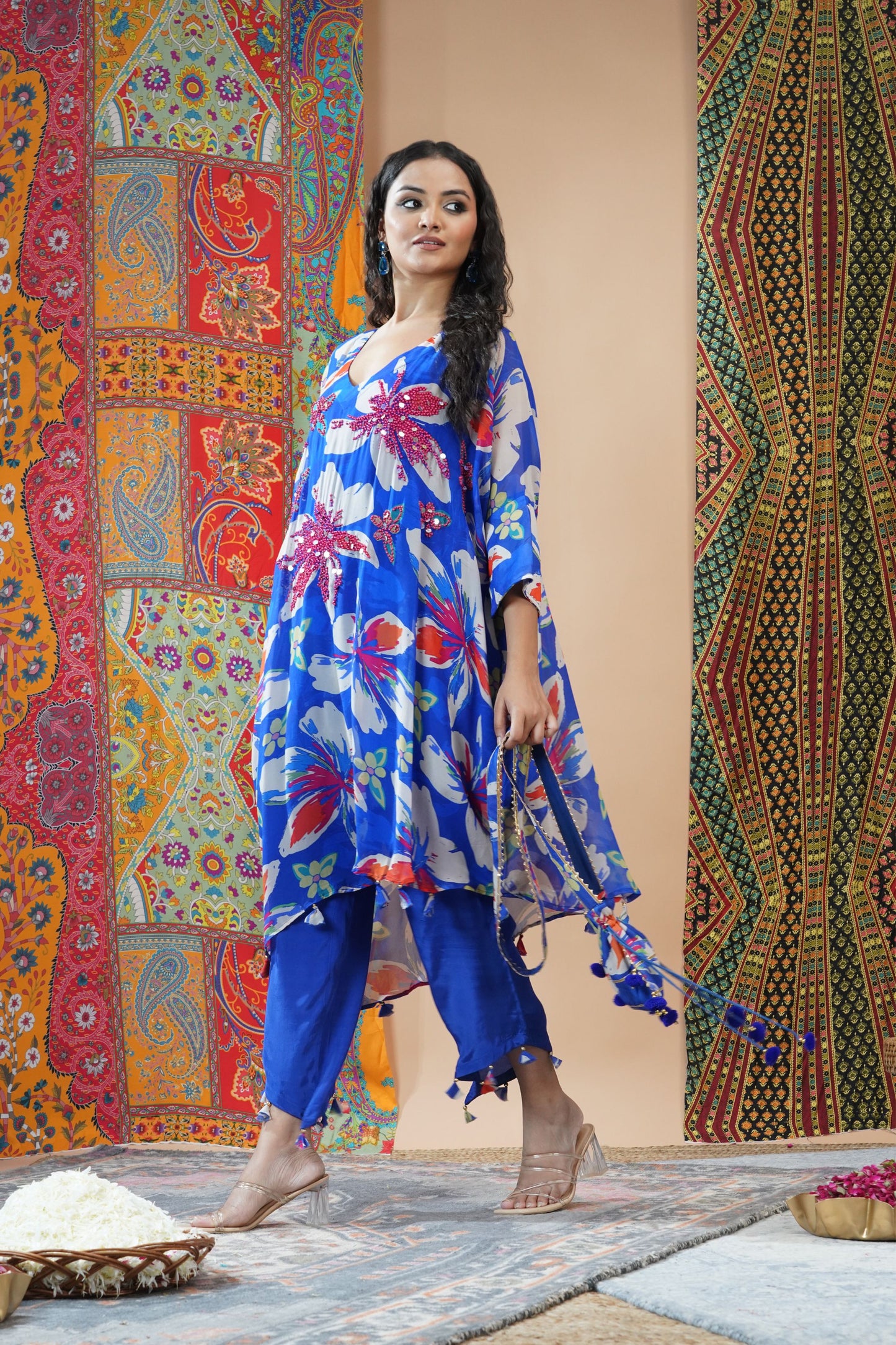 Saphire Blue Floral Top With tulip Pants : Sawara Collection