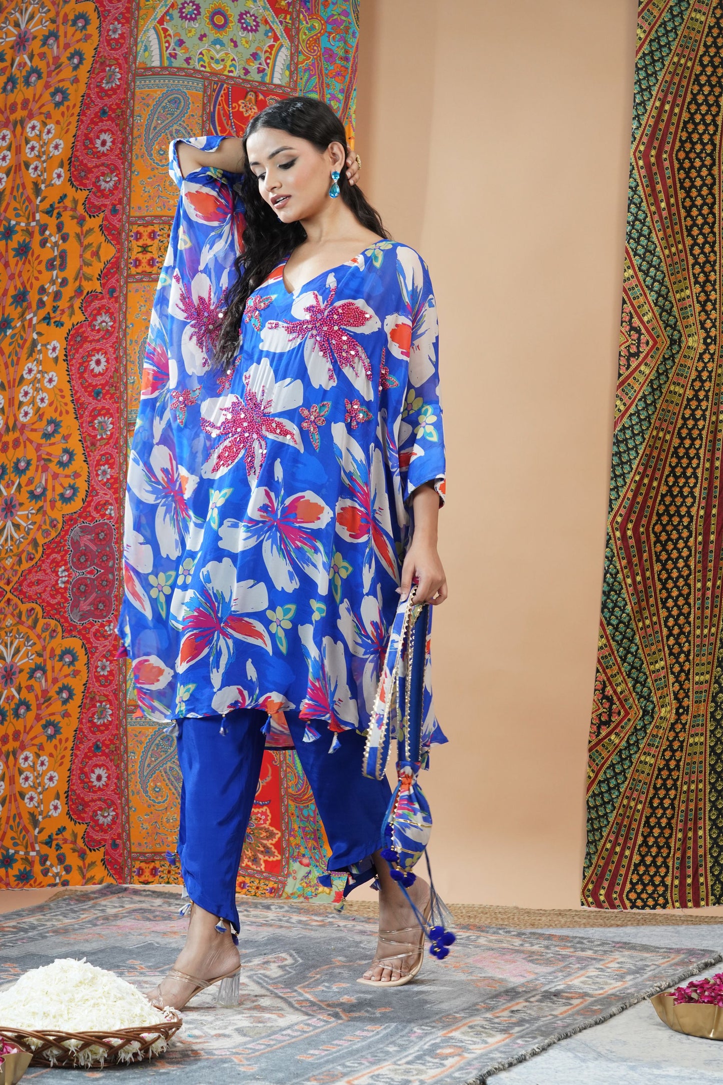 Saphire Blue Floral Top With tulip Pants : Sawara Collection