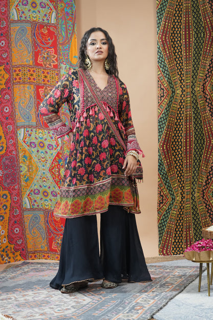 Floral Ensemble Black  Short Anarkali : Sawara Collection