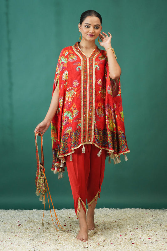 Red Pink Festive Ensemble Kimono with Dhoti : Sawara Collection