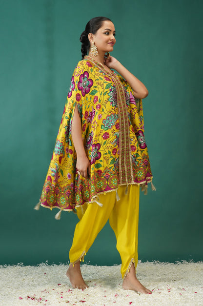 Lemon Yellow Festive Ensemble Kimono with Dhoti : Sawara Collection