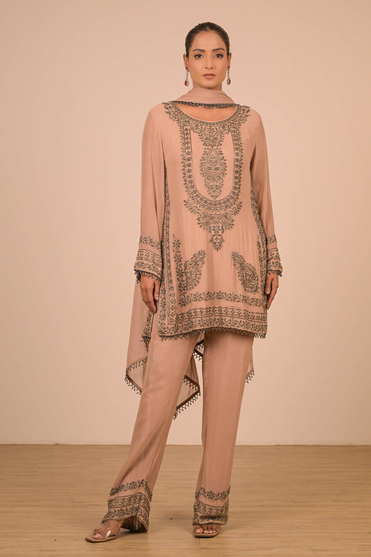 Mouse Pearl Embroidered Georgette Kurta Set