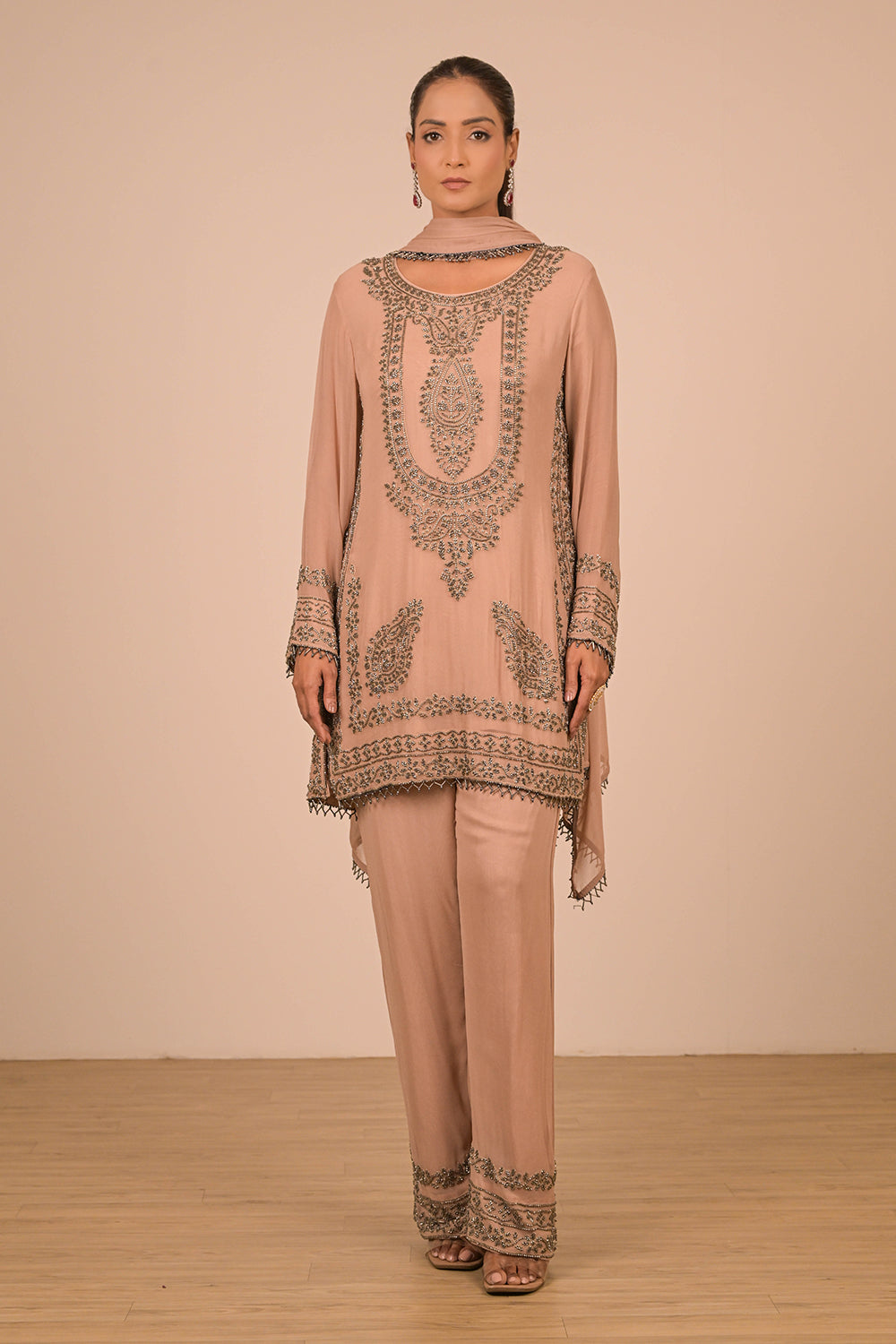 Mouse Pearl Embroidered Georgette Kurta Set
